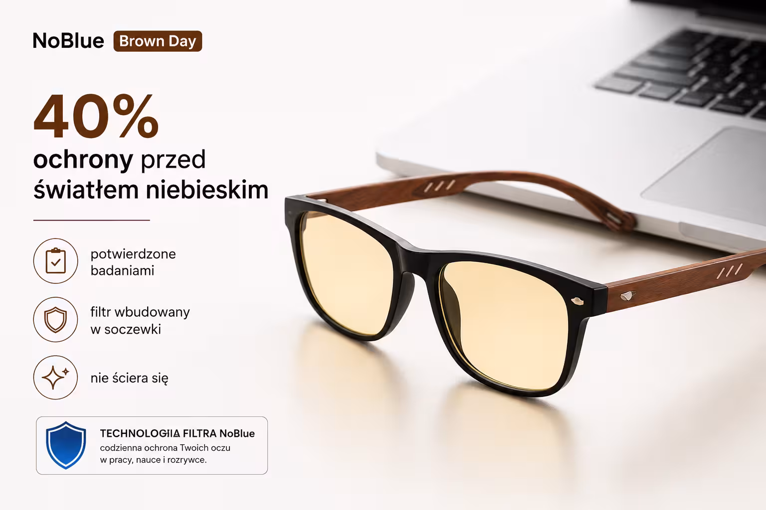 Okulary NoBlue Brown Day z filtrem 40 procent światła niebieskiego