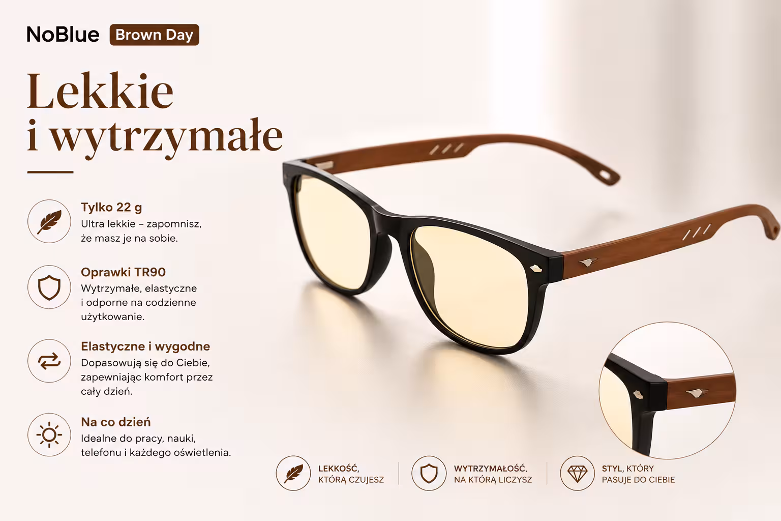 Lekkie i wytrzymałe okulary NoBlue Brown Day z oprawkami TR90